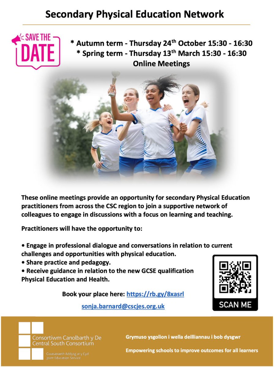 CSC Wellbeing, Equity and Excellence (@csc_wellbeing) on Twitter photo As a reminder, our spring term secondary PE network meeting will be taking place online on 13th March 3:30 - 4:30pm – hopefully you can join us! <a href="/CSCJES/">Central South Consortium</a>
You can book your place using the link below, or alternatively email sonja.barnard@cscjes.org.uk
cscjes-cronfa.co.uk/events/3adb8b1… As a reminder, our spring term secondary PE network meeting will be taking place online on 13th March 3:30 - 4:30pm – hopefully you can join us! <a href="/CSCJES/">Central South Consortium</a>
You can book your place using the link below, or alternatively email sonja.barnard@cscjes.org.uk
cscjes-cronfa.co.uk/events/3adb8b1…