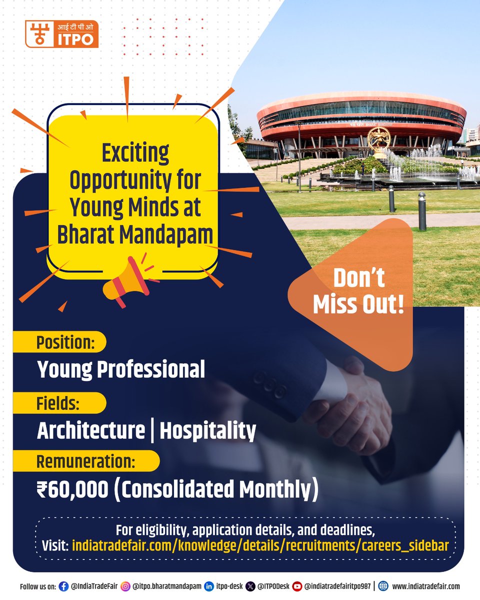 ITPODesk's tweet photo. Unlock Your Potential at Bharat Mandapam! 🌍✨

An exclusive opportunity for young professionals in Architecture & Hospitality to gain hands-on experience at India’s premier global venue! 🏛️💼

💰 ₹60,000 monthly remuneration
Contractual Role
🔗 Apply now: https://t.co/ob4hR3DMqz

📢 Limited openings! Apply today & take your career to the next level! 🚀🔥

#HiringNow #CareerBoost #GoldenOpportunity #WorkAtBharatMandapam #ITPO #YoungMinds #JobAlert #ApplyNow #ITPOupdates #itpo #BharatMandapam #CareerOpening