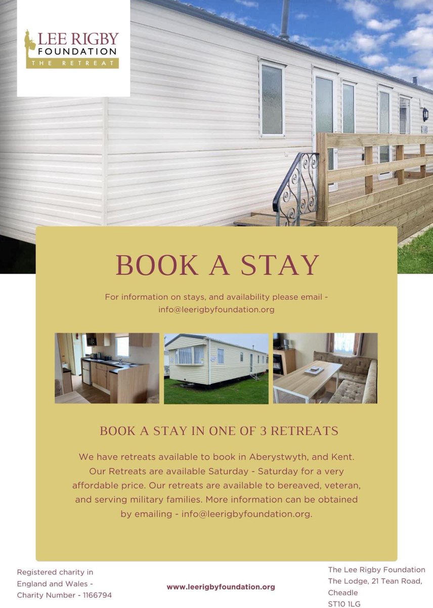 Lee Rigby Foundation (@foundationrigby) on Twitter photo ✨ Retreats now open to book! ✨
We have availability for our Kent 6-berth & Aberystwyth retreats. The Kent 8-berth is temporarily unavailable due to repairs.
📧 Email info@leerigbyfoundation.org to book. ✨ Retreats now open to book! ✨
We have availability for our Kent 6-berth & Aberystwyth retreats. The Kent 8-berth is temporarily unavailable due to repairs.
📧 Email info@leerigbyfoundation.org to book.