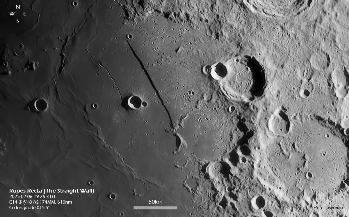 Rupes Recta, the Straight Wall. Despite its dramatic appearance, the slope is estimated to be a gentle 10-25 degrees.