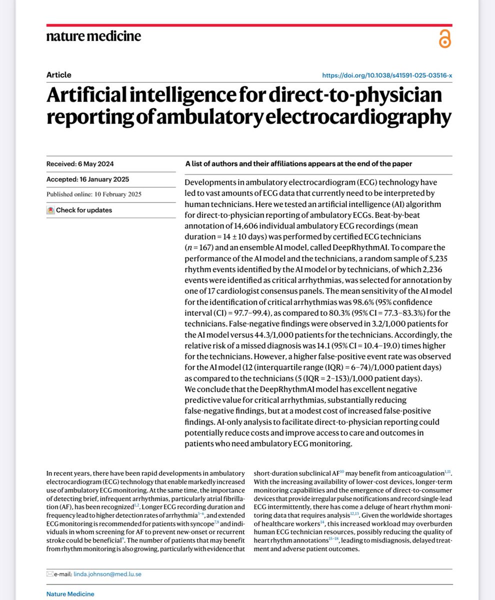 Dominik Linz (@dominik_linz) on Twitter photo Now online in <a href="/NatureMedicine/">Nature Medicine</a>
DRAI MARTINI 🍸
👉🏻 Artificial intelligence #AI for direct-to-physician reporting of ambulatory electrocardiography…
Such a privilege to work with this whole team. And thank you 🙏🏻 <a href="/lsjMD/">Linda Johnson</a> for your leadership in getting us all together.
📖 Now online in <a href="/NatureMedicine/">Nature Medicine</a>
DRAI MARTINI 🍸
👉🏻 Artificial intelligence #AI for direct-to-physician reporting of ambulatory electrocardiography…
Such a privilege to work with this whole team. And thank you 🙏🏻 <a href="/lsjMD/">Linda Johnson</a> for your leadership in getting us all together.
📖