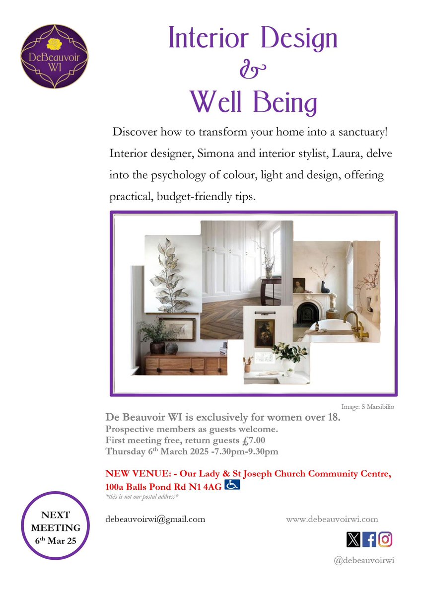 6th March at 7.30 pm to explore home transformation. First meeting free for prospective members, we run welcoming and friendly get-togethers each month. Note our spacious new venue on Balls Pond Rd.