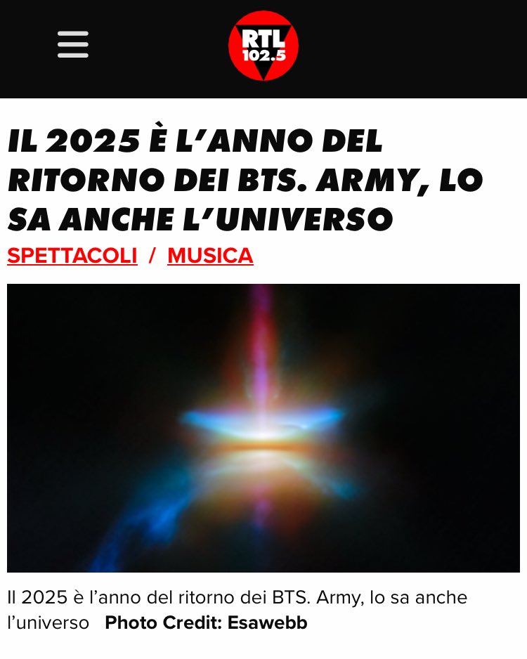 📄| <a href="/rtl1025/">RTL 102.5</a> ha pubblicato un articolo dal titolo “Il 2025 è l’anno del ritorno dei BTS. ARMY, lo sa anche l’universo” dove racconta di uno delle ultime immagini raccolta dal telescopio spaziale James Webb che ricorda il logo dei BTS 🥹💜

🔗 rtl.it/notizie/artico…