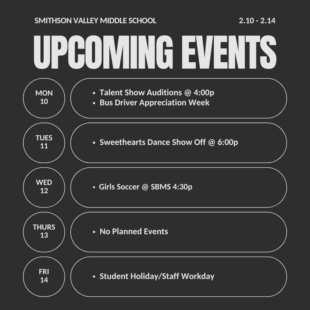 svmsmustangs's tweet photo. Here's a look at our week! Let's do this, Mustangs!

#ComalISD #GrowingGreatness https://t.co/vep01Gz88N