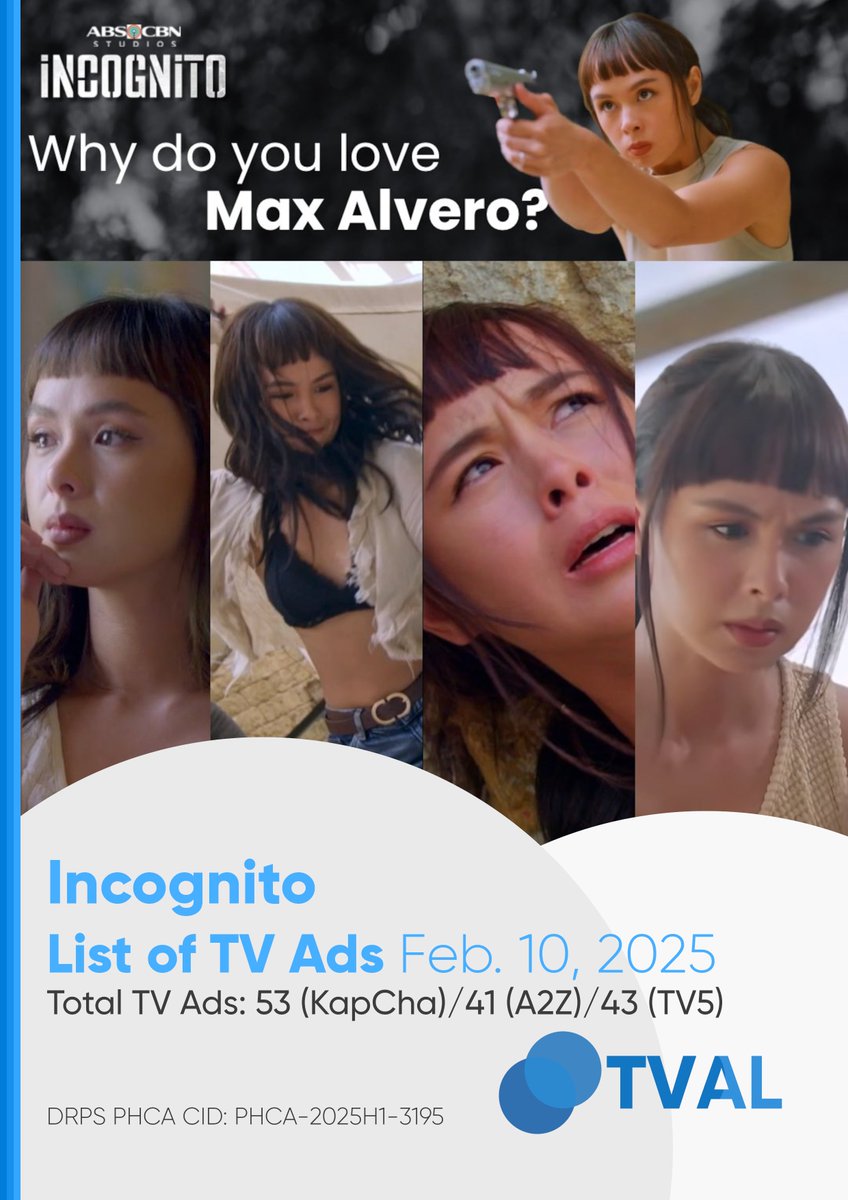 PHCATVCListings's tweet photo. Total Number of TV Ads - #MgaBatangRiles and #INCOGNITO - February 10, 2025
#MBRKillOrder: 12 (GMA)
#IncognitoCerdova: 53 (KapCha)/41 (A2Z)/43 (TV5)
#DRPSPHCATVAL
DRPS PHCA CID:
PHCA-2025H1-3194
PHCA-2025H1-3195 https://t.co/BMTli1UBG4