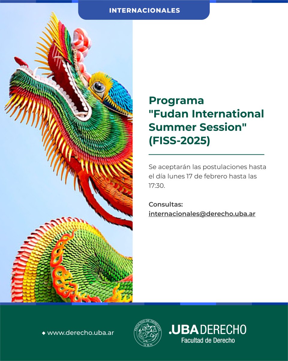 📢 Programa "Fudan International Summer Session" (FISS-2025)

<a href="/RRII_DerechoUBA/">Internacionales</a> 

📝 Se aceptarán las postulaciones hasta el 17 de febrero hasta las 17:30 h

➕ Más información: bit.ly/40Vak0G

#ConvocatoriasVigentes #FudanInternationalSummerSession