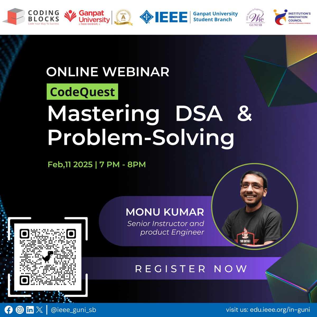 ieee_guni_sb's tweet image. 🚀 CodeQuest: Mastering DSA &amp;amp; Problem-Solving 🔥

Join our exclusive online webinar with Monu Kumar, Senior Instructor &amp;amp; Product Engineer!

📅 Feb 11, 2025 | ⏰ 7 PM – 8 PM | 🌐 Online

#CodeQuest #IEEEGUNISB #DSA