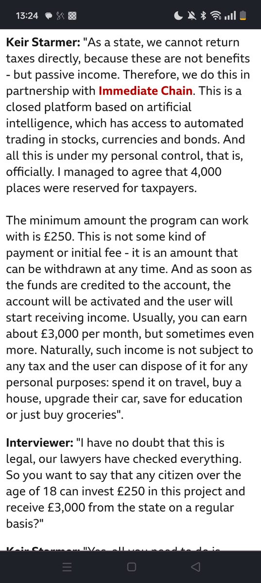 samarjayee's tweet photo. 1️⃣ 🚨 A misleading online scheme is running ads disguised as news articles, falsely attributing statements to public figures like Keir Starmer. These ads lure users into "investment" platforms like "Immediate Chain," claiming guaranteed passive income from tax funds. #ScamAlert https://t.co/9QYse5ZRSJ