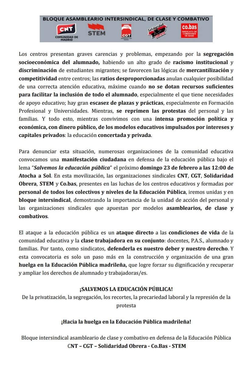 EDUCACIÓN PÚBLICA

Manifestación 23-F. Salvemos la educación pública madrileña de la privatización, segregación, precariedad laboral, los recortes y la represión de la protesta.

Comunicado del bloque intersindical, de clase y combativo

🗓️ 23 F

🕖 12h

📍Atocha-Sol