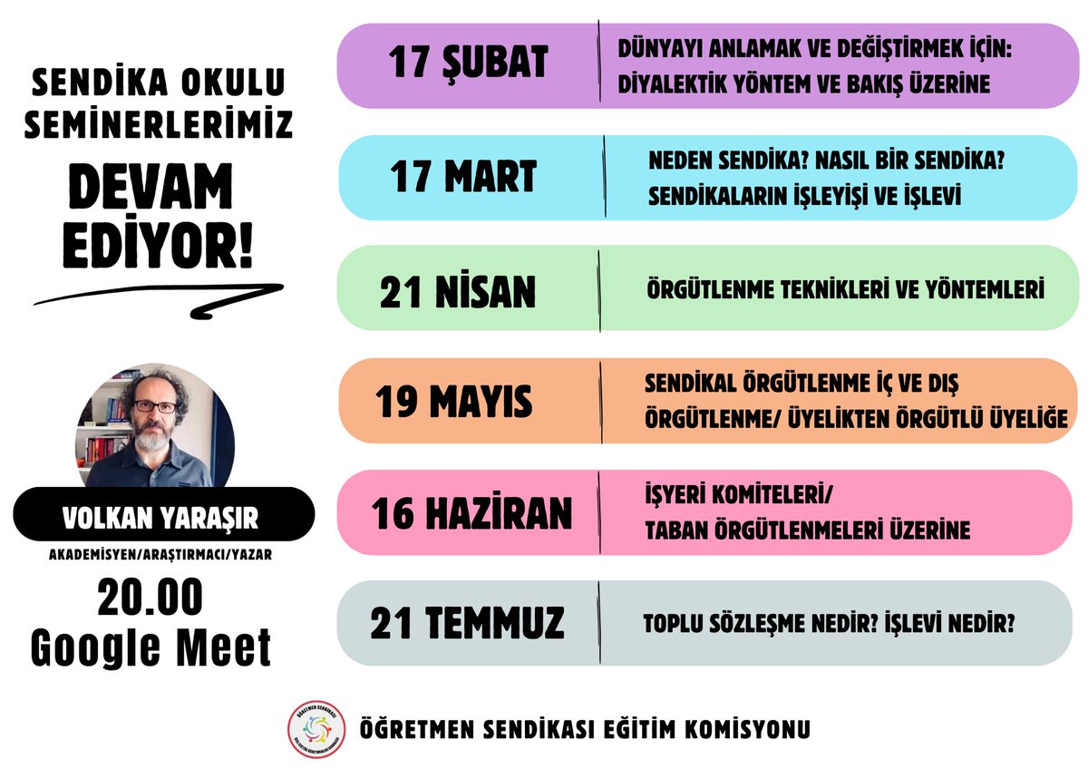 📣 SENDİKA OKULUMUZDA BULUŞUYORUZ!

Toplumda entelektüel bir meslek olarak kabul gören öğretmenlik; sermaye koşullarının sıkıştırdığı yerde toplumun ilerici, dönüştürücü rolüne yabancılaşıyor. Ögretmen, organik olandan uzaklaşıyor ve ağır çalışma koşulları ile mekanik bir