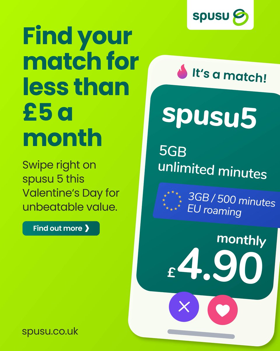 Do you feel like your current mobile provider doesn't value you? Maybe your mobile plan doesn´t really care about you, only the size of your wallet?  💔
Our spusu 5 is always a good match, so head over to spusu.co.uk and feel the love 💘
#WithYouInMind