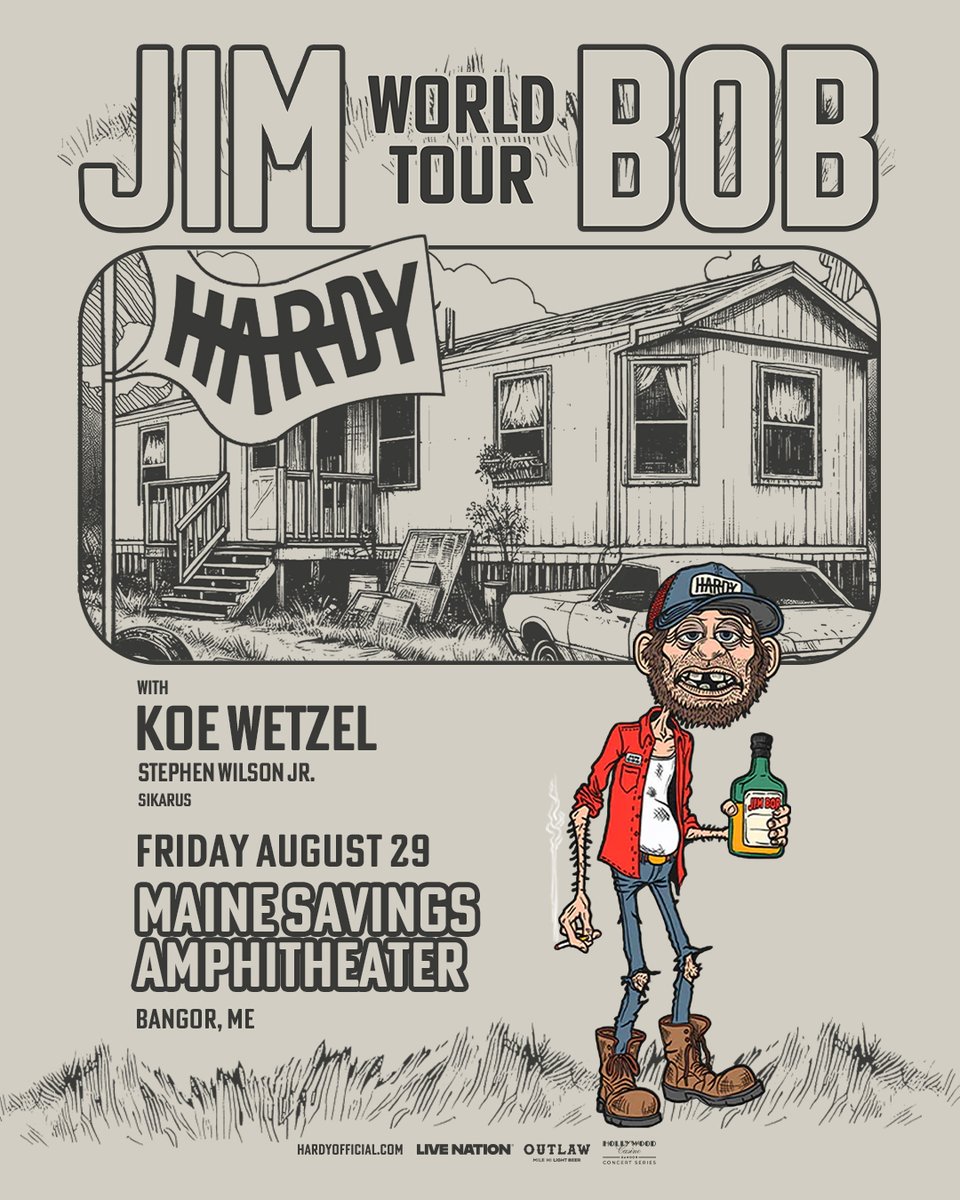 mainesavingsamp's tweet photo. JUST ANNOUNCED:

Get ready to rock! 🤘🏼HARDY is bringing The JIM BOB World Tour to Bangor on Friday, August 29! With special guests Koe Wetzel, Stephen Wilson Jr., and Sikarus. Tickets on sale starting Friday, Feb 14th @ 10AM local! 🎉 https://t.co/gGcJFs4jLi https://t.co/mop2kpxz0n