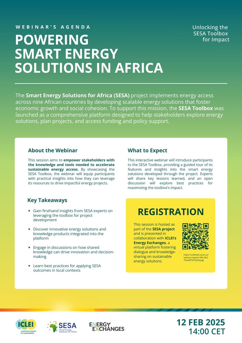 📣2 days until our webinar 📣
The SESA/ <a href="/ICLEI/">ICLEI</a> upcoming session aims to empower stakeholders with knowledge and tools to accelerate sustainable energy access 🌿
🗓️12. Feb 2025 
⏰02.00 PM CET  
🔗 us06web.zoom.us/webinar/regist…