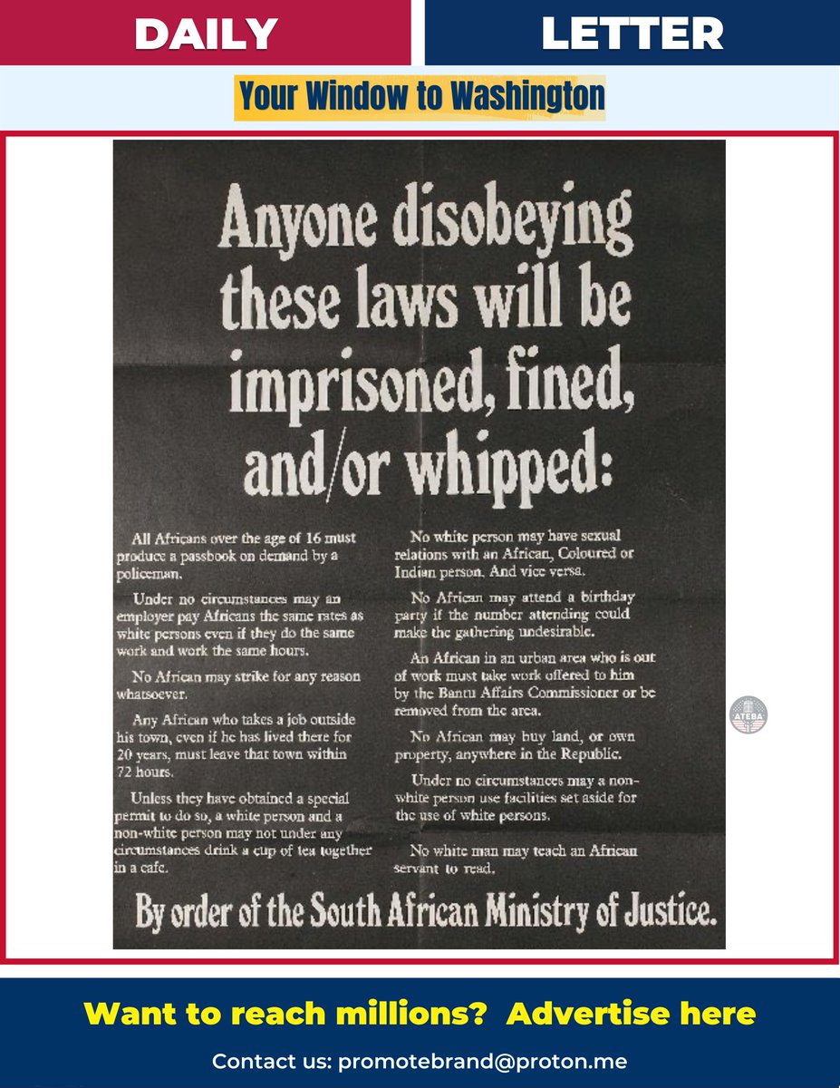 This is what that little racist will not show you. These were the kinds of laws enforced during apartheid in South Africa, a period from 1948 to 1994 when the government institutionalized racial segregation and discrimination.

The "pass laws" required Black South Africans to