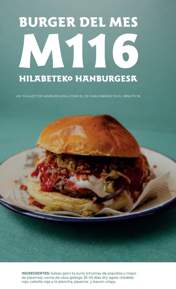 Gure Hanburgesa berria!
Nuestra nueva Hamburguesa del Mes, en homenaje al gol de Pablo en las semifinales <a href="/Osasuna/">C. A. OSASUNA</a> <a href="/AthleticClub/">Athletic Club</a> de <a href="/copadelreyRFEF_/">Copa del Rey</a> 
On egin!!!