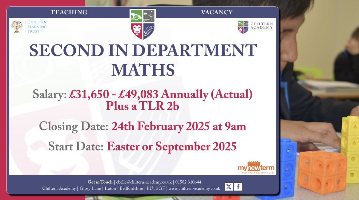 ChilternAcademy (@chilterna) on Twitter photo Chiltern Academy are recruiting for a SECOND IN DEPARTMENT | MATHS.
To lead and support the Teaching and Learning Leader for maths to implement an aspirant curriculum in this area and ensure pupil potential is maximised.
Apply now via MyNewTerm
mynewterm.com/jobs/145872/ED… Chiltern Academy are recruiting for a SECOND IN DEPARTMENT | MATHS.
To lead and support the Teaching and Learning Leader for maths to implement an aspirant curriculum in this area and ensure pupil potential is maximised.
Apply now via MyNewTerm
mynewterm.com/jobs/145872/ED…