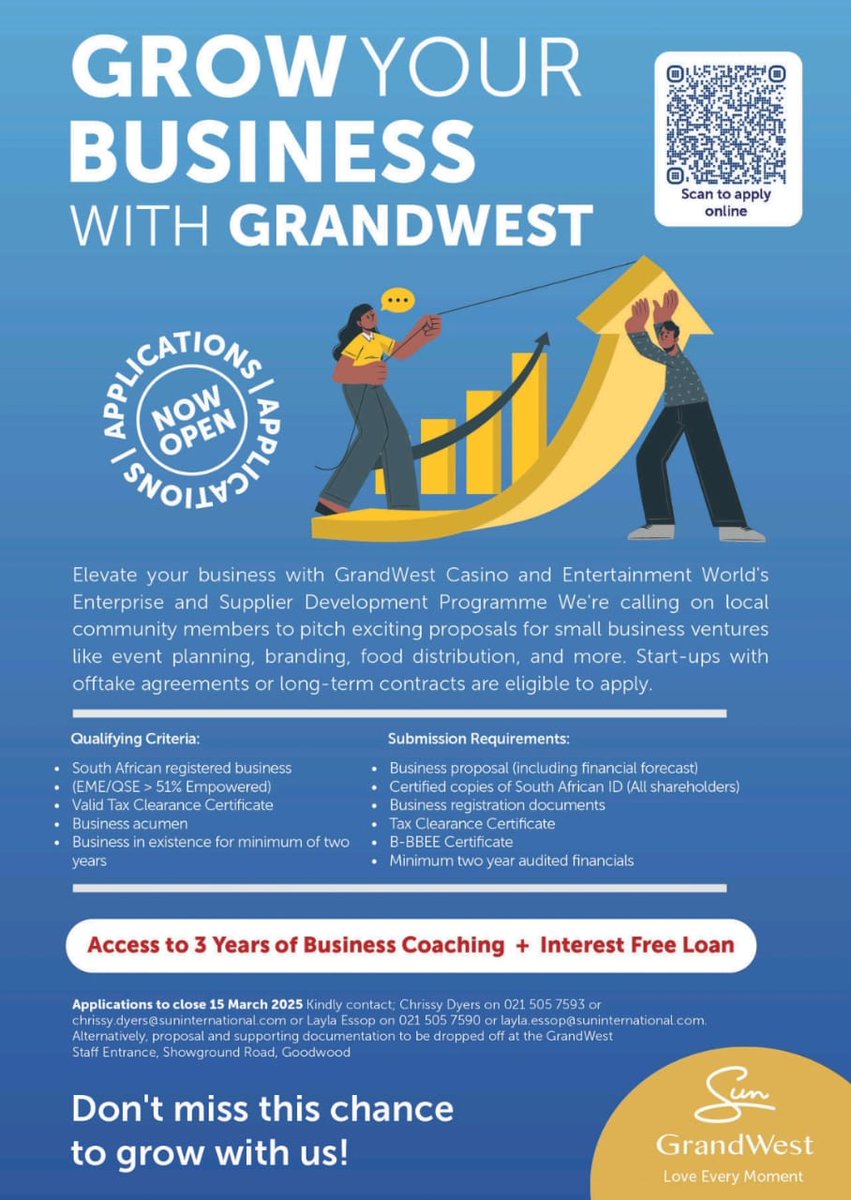 GrandWest Casino &amp; Entertainment World is looking for small businesses to join their Enterprise &amp; Supplier Development Programme.

Deadline: 15 March 2025
For more info: 👉 bit.ly/SEC_funding-gu…
Call: Chrissy (021 505 7593) | Layla (021 505 7590)