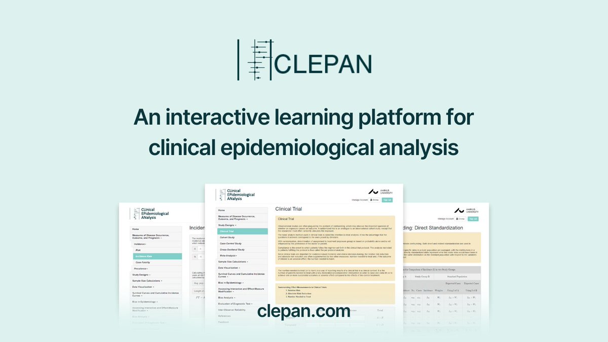 Henrik Toft Sørensen (@toftsorensen) on Twitter photo 🌟 An updated and improved version of CLEPAN – a free learning platform for clinical epidemiological analysis – is now online at clepan.com🌟 More below 👇
#CLEPAN #ClinicalEpidemiology #epitwitter
<a href="/AarhusUni_int/">Aarhus University</a> | <a href="/AUHdk/">Aarhus Uni.hospital</a> 🌟 An updated and improved version of CLEPAN – a free learning platform for clinical epidemiological analysis – is now online at clepan.com🌟 More below 👇
#CLEPAN #ClinicalEpidemiology #epitwitter
<a href="/AarhusUni_int/">Aarhus University</a> | <a href="/AUHdk/">Aarhus Uni.hospital</a>