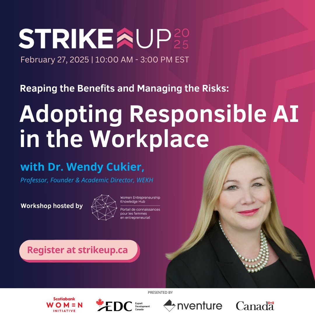 wekh_pcfe's tweet photo. 📣 #StrikeUp 2025 is almost here!

Join Dr. @CukierWendy on February 27 as she explores how #AI is transforming workplaces. Learn key trends, strategies and solutions to adapt and thrive.

🎟️ Register today for FREE: https://t.co/rjtNbidJOU

#WomenInBusiness @SSHRC_CRSH https://t.co/ExCx79IQhT