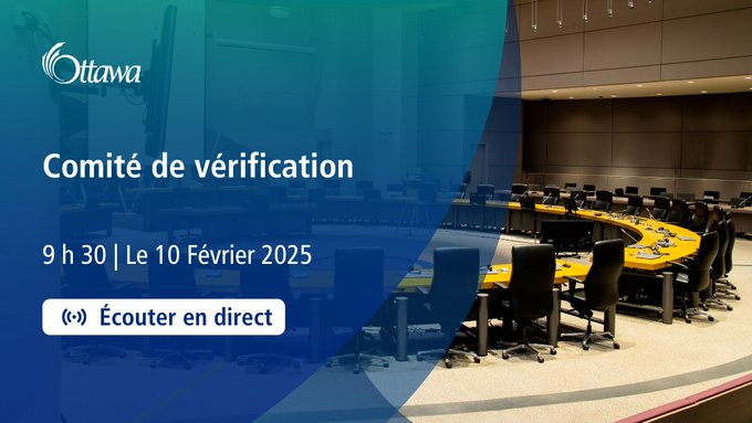 En arrière-plan, une salle du conseil municipal de la ville d'Ottawa vide. En surimpression, un cercle de texte bleu avec Listen Live dans le coin supérieur droit.
En texte blanc : « Comité de vérification, 9 h 30 le 10 février 2024 »