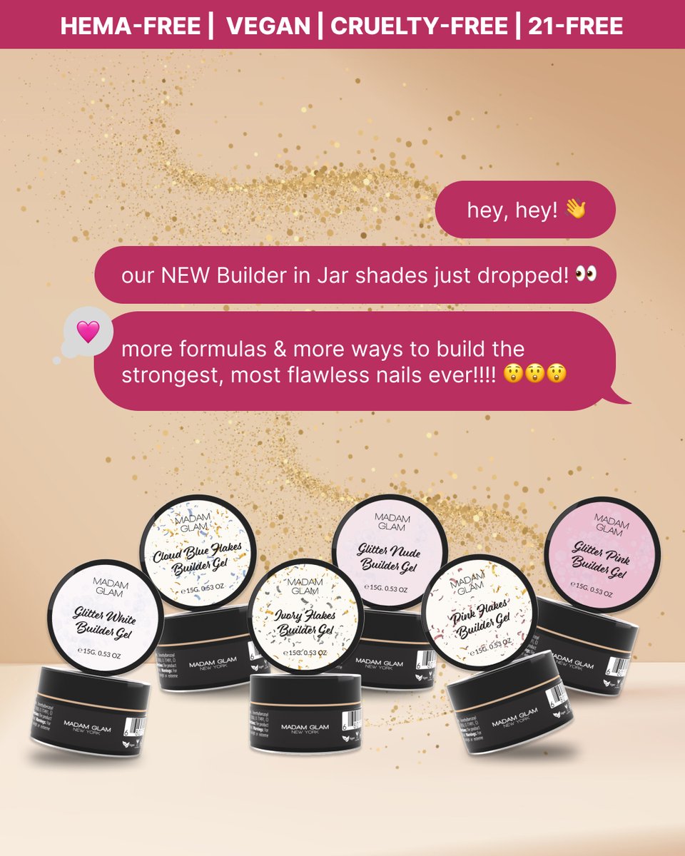 ✨ Introducing Our New Builder in Jars with Flakes! ✨

Stronger nails, effortless application, and a touch of sparkle—our latest Builder in Jars is the perfect blend of durability and glam! 💅

💖 Easy to apply
💖 Long-lasting
💖 Strong