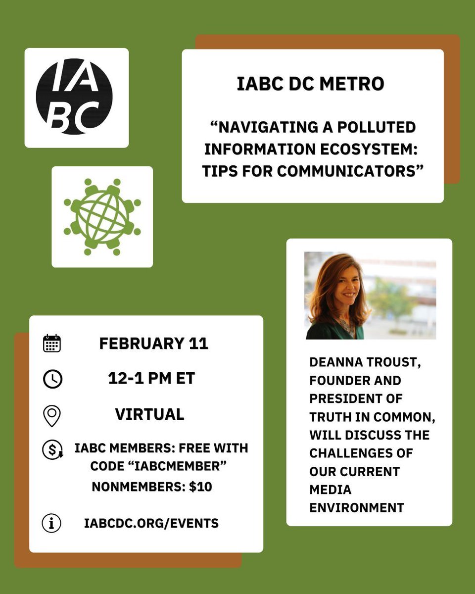 Join #IABCDC for the webinar “Navigating a Polluted Information Ecosystem: Tips for Communicators” TOMORROW — Tues, Feb 11 — at 12pm ET. 

Cost: free for #IABC members with the registration code "IABCMEMBER,” and $10 for non-members.

Register at: buff.ly/4hebNWE