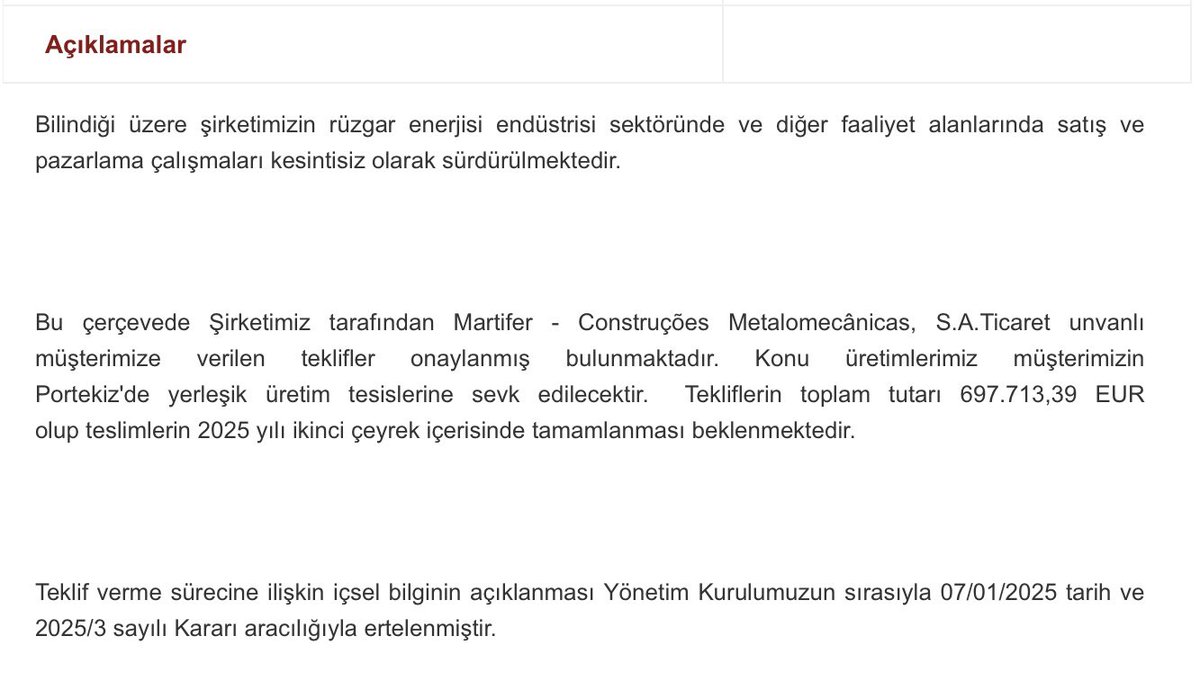 #sayas tarafından Martifer - Construções Metalomecânicas  unvanlı müşterimize verilen teklifler onaylanmıştır. 

Üretimlerimiz Portekiz'e sevk edilecektir.  

Tekliflerin toplam tutarı 697.713,39 EUR olup teslimlerin 2025/2. çeyrek içerisinde tamamlanması beklenmektedir. 🇹🇷 🇵🇹