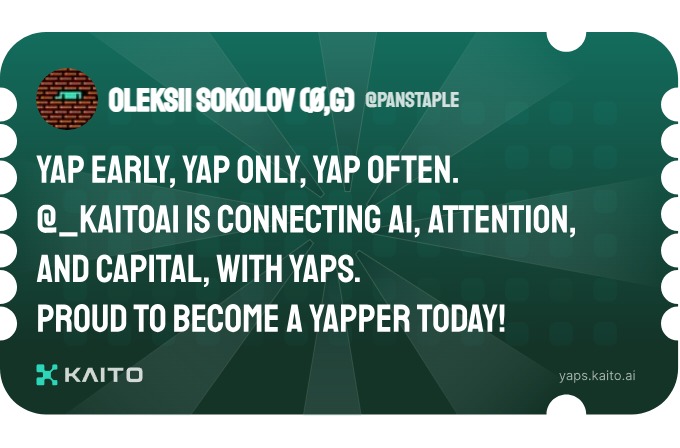 panstaple's tweet photo. Yap early, yap only, yap often.

@_kaitoai is connecting AI, attention and capital with Yaps.

Just claimed my social card and I'm accumulating Yap points in real-time.

Claim yours 👉 https://t.co/h5OdDftpQU https://t.co/OxrxcwY4UQ