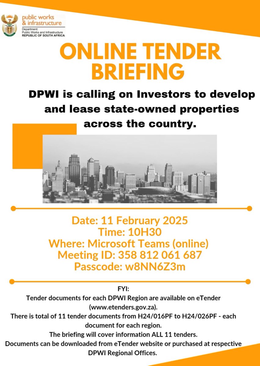 👷TENDER BRIEFING 🏗️

In our bid to turn South Africa into a construction site, we will be holding a public tender briefing on our release of public properties for development. This is also in line with our promise to make tendering more transparent and open to the public.