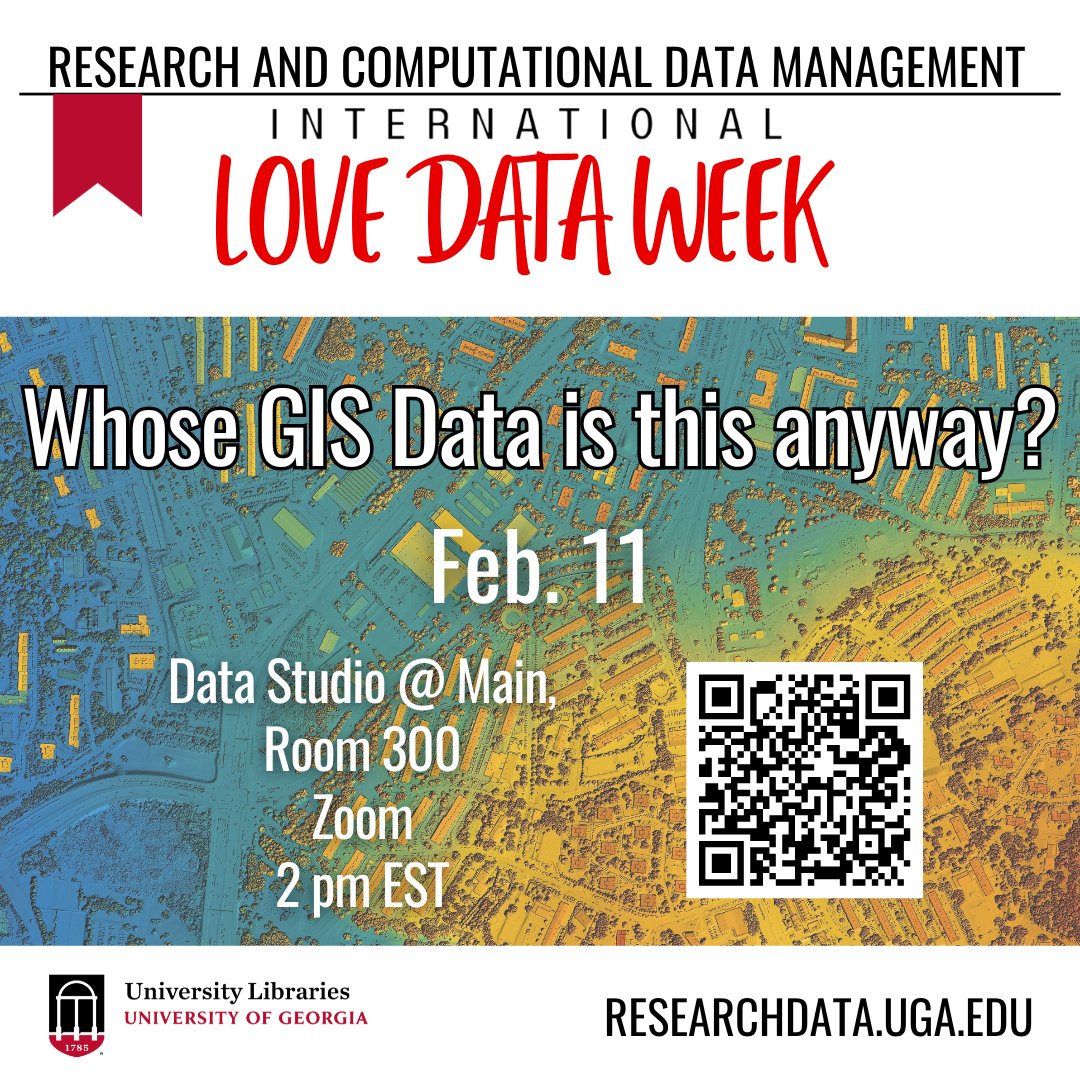 In celebration of International Love Data Week, join librarian Meagan Duever in the Data Studio on Tuesday, February 11 at 2pm for a workshop on all things GIS data. This session will also cover considerations related to open research practices and example use-cases.
