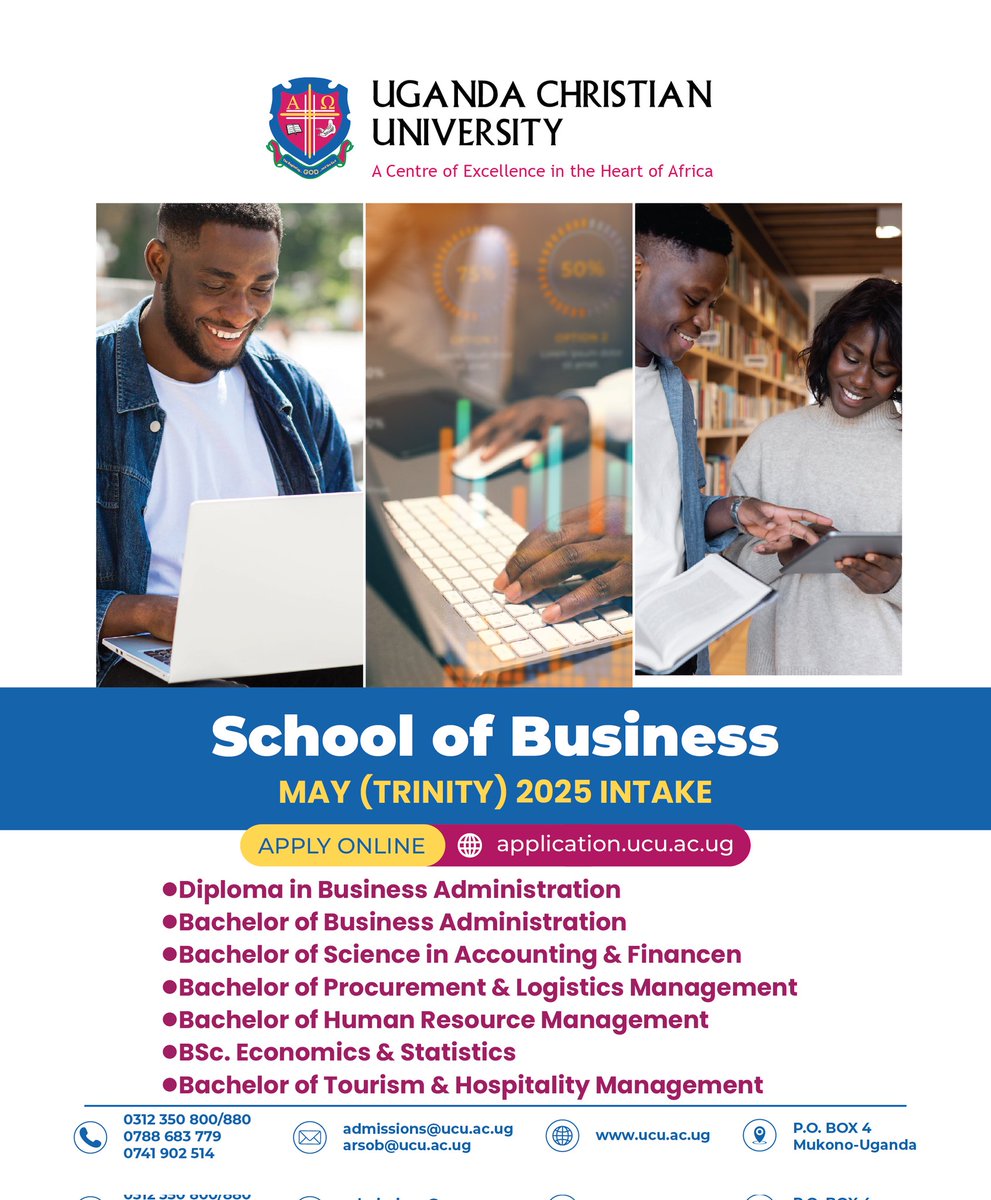 #Tyqoon Ivan โโ (@ivanleeluiz) on Twitter photo <a href="/UCUniversity/">Uganda Christian University (Official)</a> is  receiving applications for the MAY/TRINITY 2025 INTAKE!
Don't miss out on this opportunity to
launch your career in business.
Apply online ๐ application.ucu.ac.ug
#Apply2UCU <a href="/UCUniversity/">Uganda Christian University (Official)</a> is  receiving applications for the MAY/TRINITY 2025 INTAKE!
Don't miss out on this opportunity to
launch your career in business.
Apply online ๐ application.ucu.ac.ug
#Apply2UCU