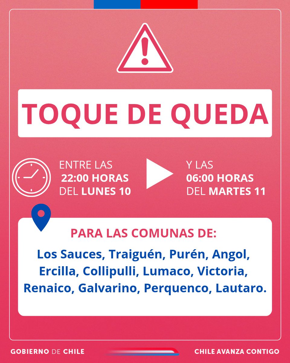 ⚠️Se renueva el TOQUE DE QUEDA para la noche de este lunes 10 desde las 22:00 horas, hasta las 06:00 horas del martes 11 de febrero.

🔴Solicitamos a quienes habitan #LaAraucanía el máximo de colaboración, el combate de los #IncendiosForestales nos necesita a todas y todos.
