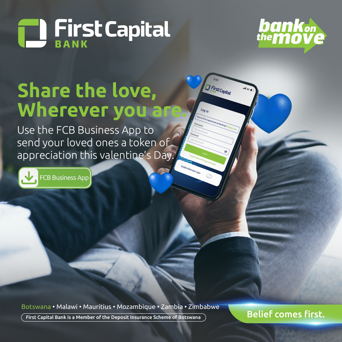 FirstCapital_Bw's tweet image. Wherever love takes you, your bank is right in your pocket! 📲 With our Mobile App and Internet Banking, you can transfer, pay, and manage your accounts whenever you need to—without missing life’s important moments!

#BankOnTheMove #BeliefComesFirst #FirstCapitalBank