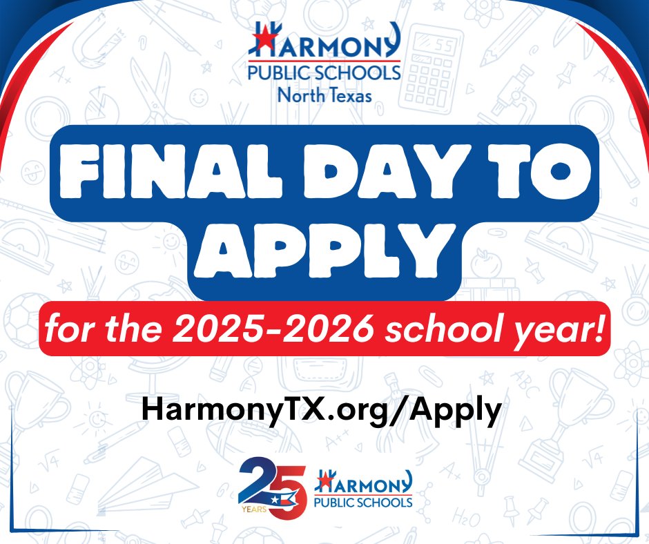Today is the FINAL DAY to apply for the 2025-2026 school year! Don’t miss out on the opportunity to be part of something amazing! 

Ready to start your journey? Submit your application NOW! harmonytx.org/apply