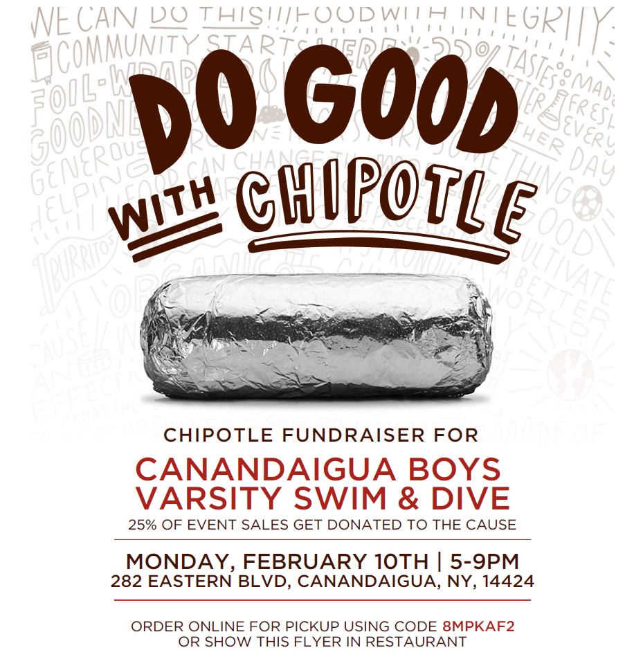 Help out the swimming &amp; diving boosters by heading over to the Canandaigua Chipotle tonight from 5-9pm. Use the code in the flyer if you are ordering online.
Thank you!! <a href="/CAGrayWolves/">Canandaigua Athletics</a>