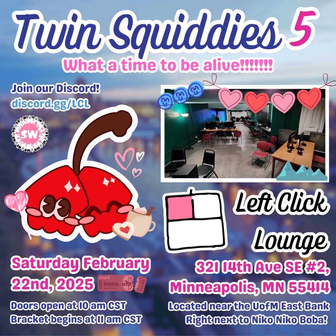 SquidWest's tweet photo. 🍒Twin Squiddies #5 wants to be your Valentine!! Are you near Minneapolis, Minnesota and you LOVE Splatoon?

You can connect &amp; play with other Splatoon Gamers at Left Click Lounge on February 22nd 2025! Don't miss out! #splatoon #compsplatoon #splatoonLAN https://t.co/DStGwXH9gB