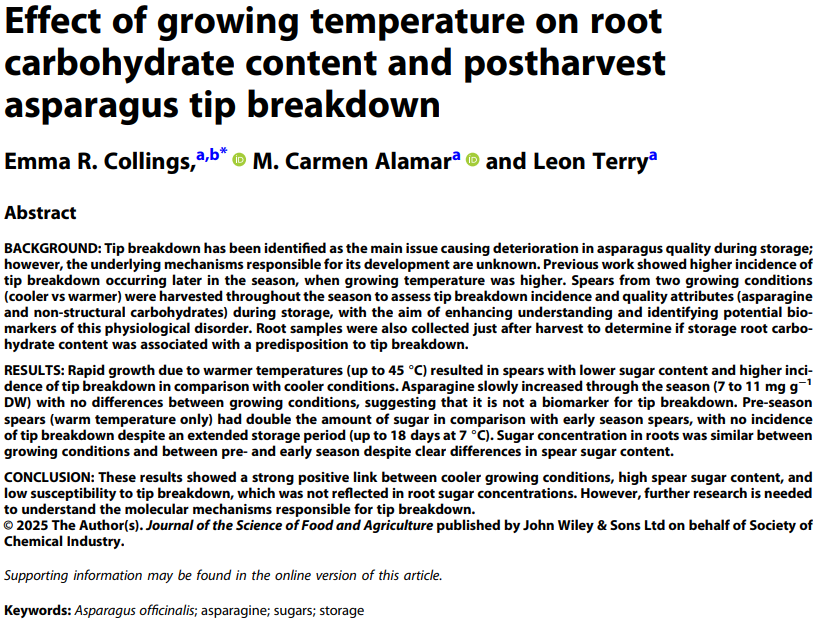 📢New paper alert!📢

 "Effect of growing #temperature on #root carbohydrate content and #postharvest #asparagus tip breakdown" reveals how warm field temperatures and lower sugars contribute to postharvest #tip #breakdown 🌱

🖱️Read here the full study: doi.org/10.1002/jsfa.1…