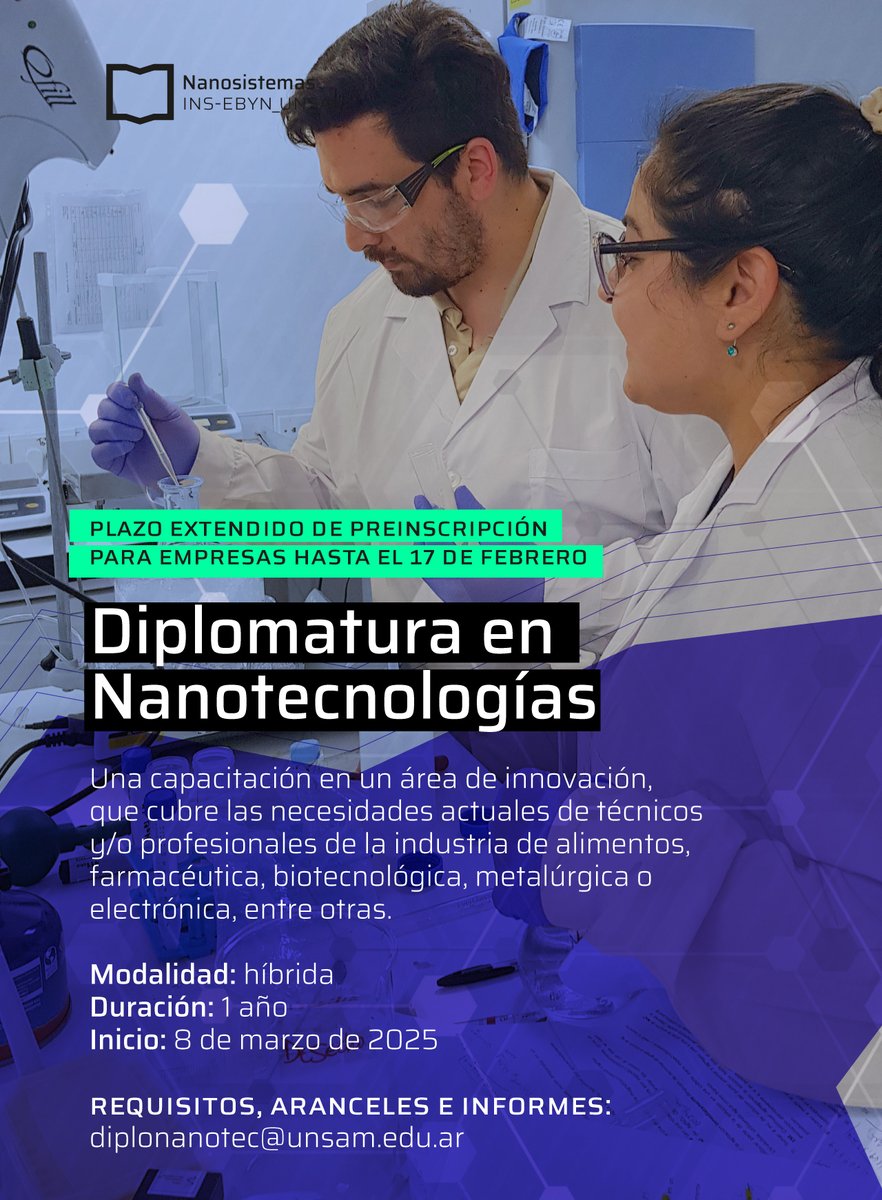 📢 Atención empresas!
SIGUE ABIERTA LA PREINSCRIPCION A LA DIPLOMATURA EN NANOTECNOLOGIAS

💻 PREINSCRIPCIÓN OBLIGATORIA
hasta el 17 de febrero de 2025
Cupos limitados
Antes de preinscribirte, consultá shorturl.at/p5iPe
Accedé al programa completo shorturl.at/j6dvQ