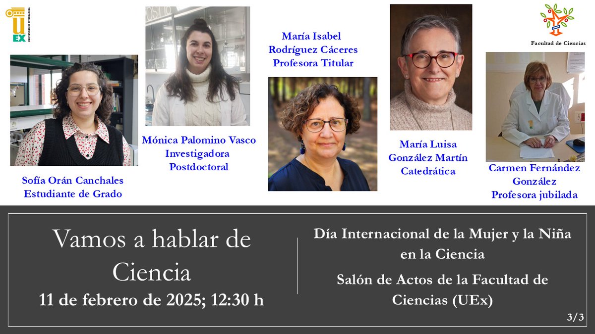 Ciencias_Uex's tweet photo. Día de la Mujer y la Niña en la Ciencia 2025

📌 12:10h Foto de grupo
📌 12:20h Inauguración laboratorio "Marisa Cancillo Fernández" 
📌 12:30-12:45h Actividad "Vamos a hablar de Ciencia" https://t.co/G9cPjalkjS