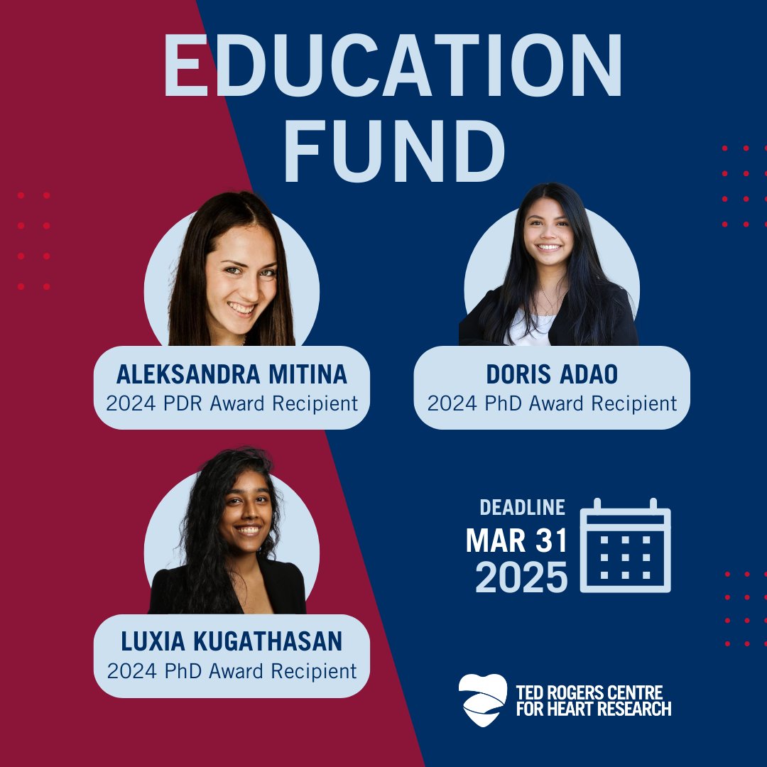 🚨 Apply for the #TRCHR 2025 Education Fund!

Available awards are:
💰 $25K PhD | $40K Postdoc

Here are some of last year’s winners who tackled exciting #heartresearch projects. You could be next!

Learn more &amp; apply now: tedrogersresearch.ca/education-fund/

#HeartMonth #FundingOpportunity