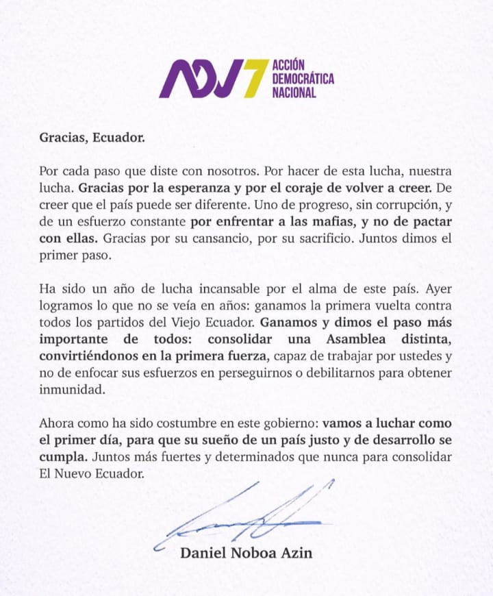 felipeleon88's tweet photo. Dejemos el fatalismo atrás:

Hoy el presidente @DanielNoboaOk ha logrado dos hitos históricos, vencer en primera vuelta al Correismo (no pasaba desde el 2009) y consolidarse en la asamblea como primera fuerza política. 

Queríamos más, pero el presente es esperanzador. https://t.co/GmK4aJRYPP