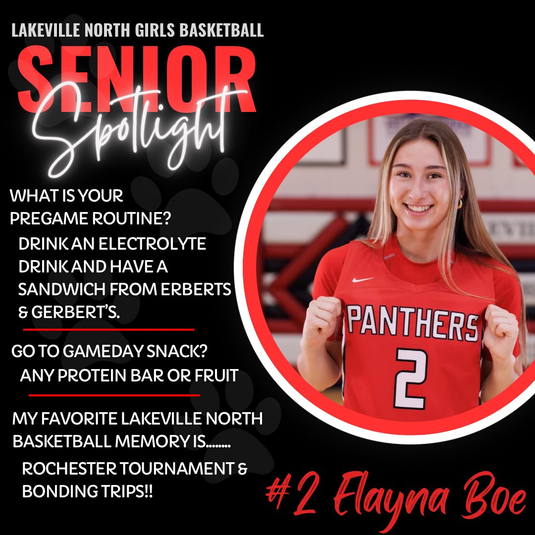 🌟SENIOR SPOTLIGHT🌟

We ❤️ our Seniors!!  Today we honor our first senior &amp; captain 
#2 Elayna Boe!!  Elayna will go onto play basketball next year at the University of MN Duluth.

#RiseAboveTheRest❤️🖤🐾