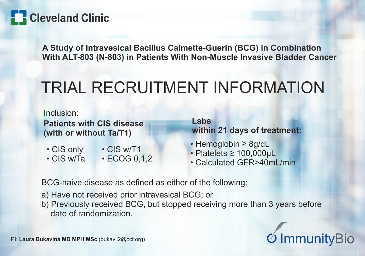 Laura Bukavina (@laurabukavinamd) on Twitter photo <a href="/CleClinicUro/">Cleveland Clinic Urology</a> is proud to participate in Quilt2.005 trial offering combination therapy Anktiva BCG vs BCG alone in treatment naive patients .. #bladdercancer <a href="/CleClinicUro/">Cleveland Clinic Urology</a> is proud to participate in Quilt2.005 trial offering combination therapy Anktiva BCG vs BCG alone in treatment naive patients .. #bladdercancer
