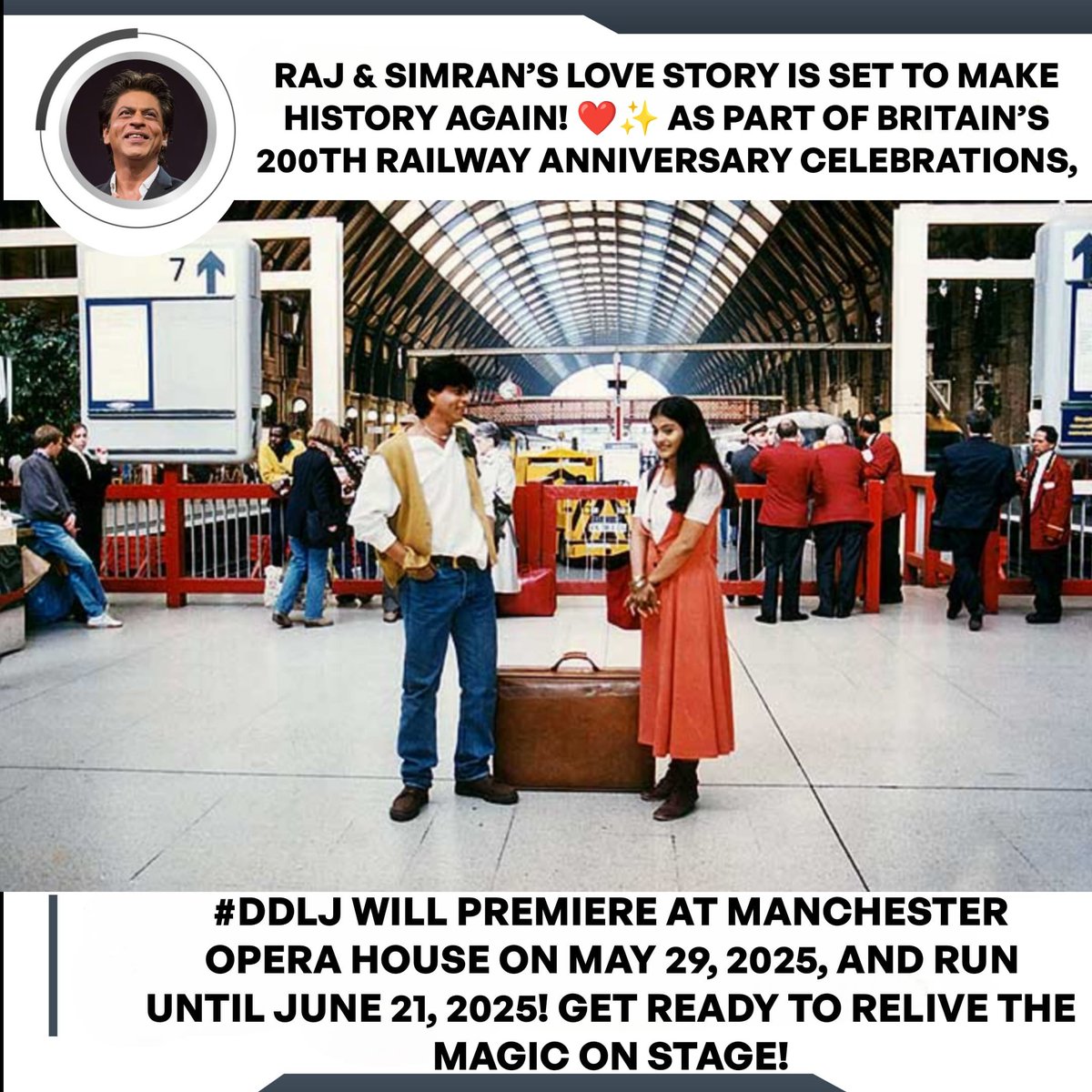 As part of the 200th anniversary celebrations of modern railways in 2025, Britain’s railway will honor the 30th anniversary of the iconic film DDLJ. The film is set to premiere at Manchester Opera House on May 29, 2025, and will run until June 21, 2025 ❤️

<a href="/iamsrk/">Shah Rukh Khan</a> <a href="/itsKajolD/">Kajol</a>