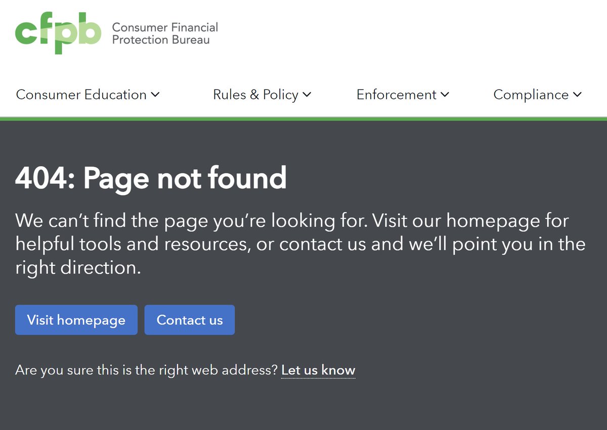 FairFinanceWatch.org (@financewatchorg) on Twitter photo CFPB dot gov is now 404. For now, onus is on the Federal Reserve, both for reviving its pre-CFPB functions, and being less of an automatic rubber stamp of bank mergers - many more are coming - than it has become. #NewEra CFPB dot gov is now 404. For now, onus is on the Federal Reserve, both for reviving its pre-CFPB functions, and being less of an automatic rubber stamp of bank mergers - many more are coming - than it has become. #NewEra
