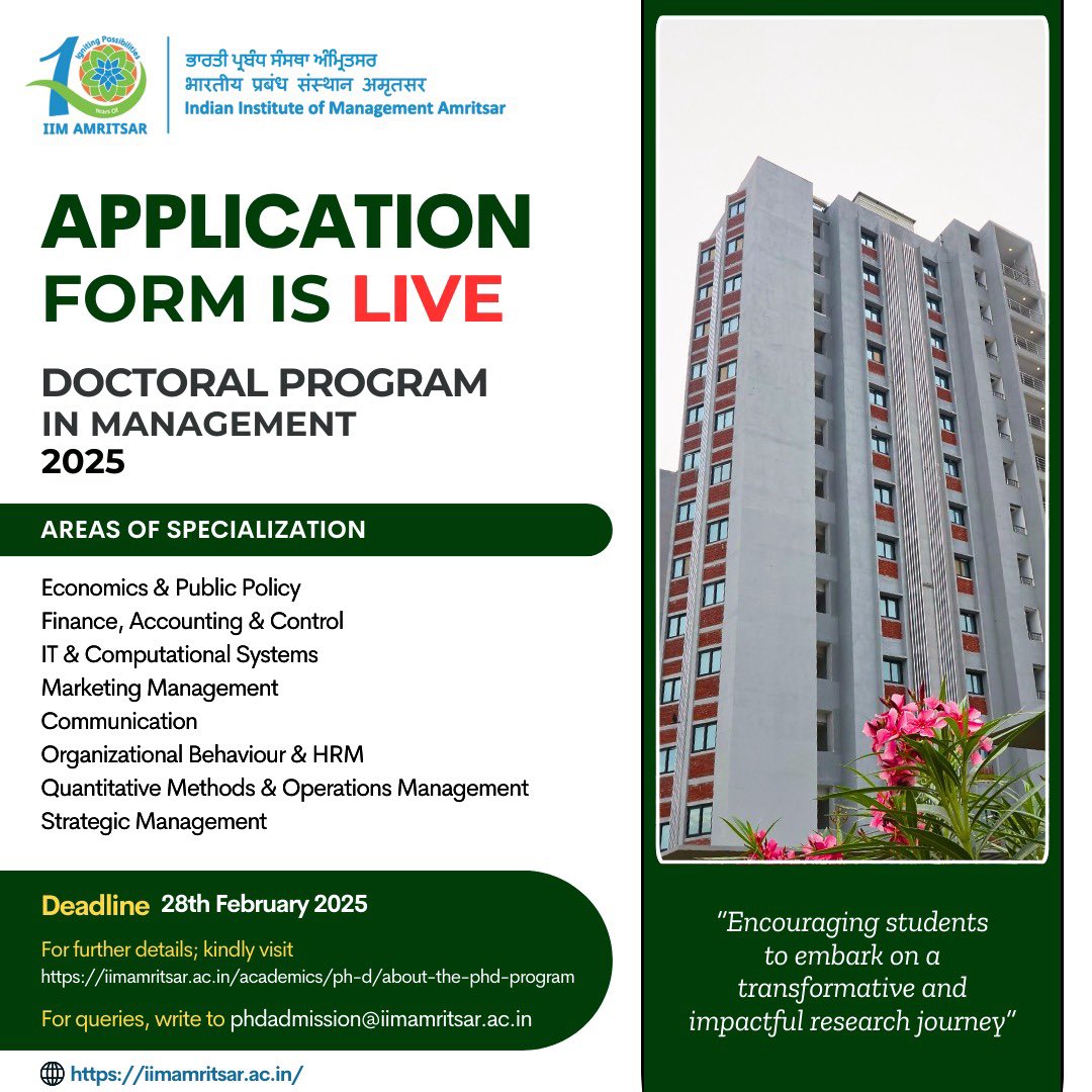IIMAmritsar's tweet image. IIMAm invites applications for its Doctoral Program in Management for 2025!

Application Deadline: 28th February 2025

Apply now: iimamritsar.ac.in/academics/ph-d…

For queries: phdadmission@iimamritsar.ac.in

#IIMAm #PhDAdmissions #DoctoralProgram #IIMAmritsar #ManagementResearch