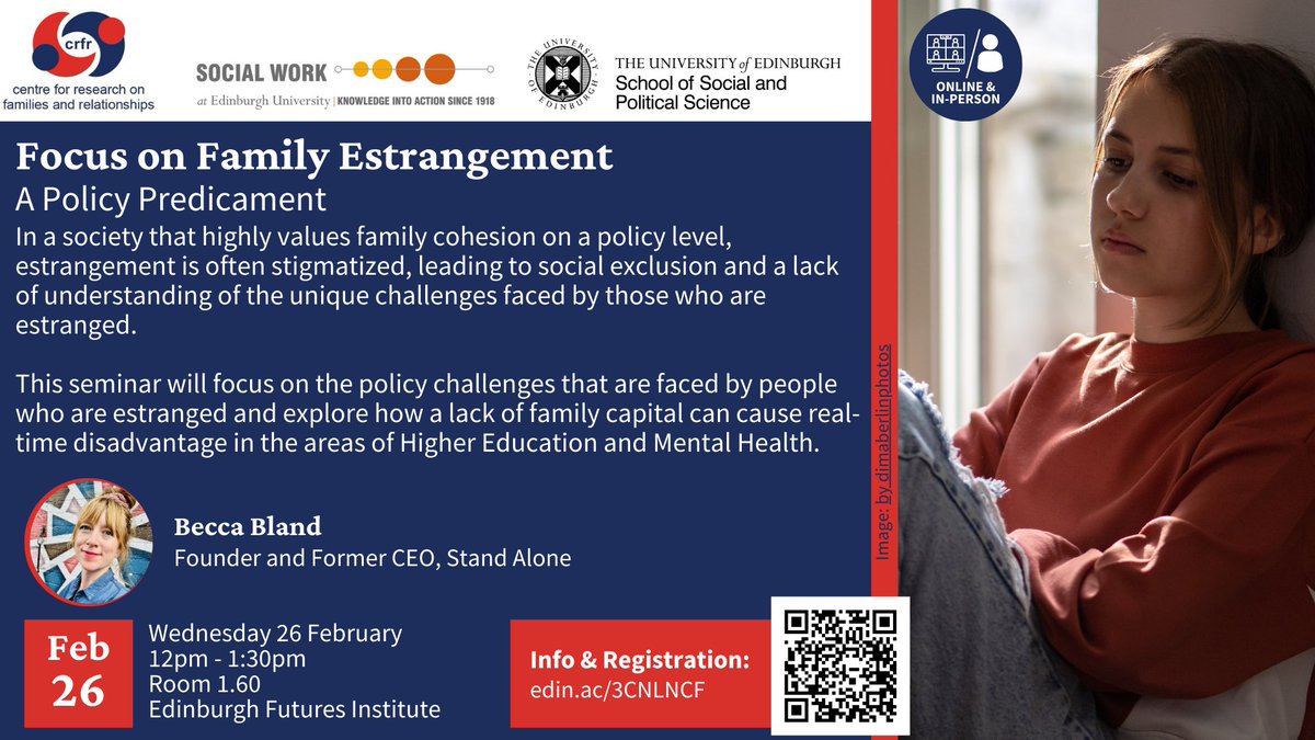 Join Becca Bland for 'Focus on Family Estrangement: A Policy Predicament'

26 February
12pm - 1:30pm
Edinburgh Futures Institute

Info and register: edin.ac/3CNLNCF