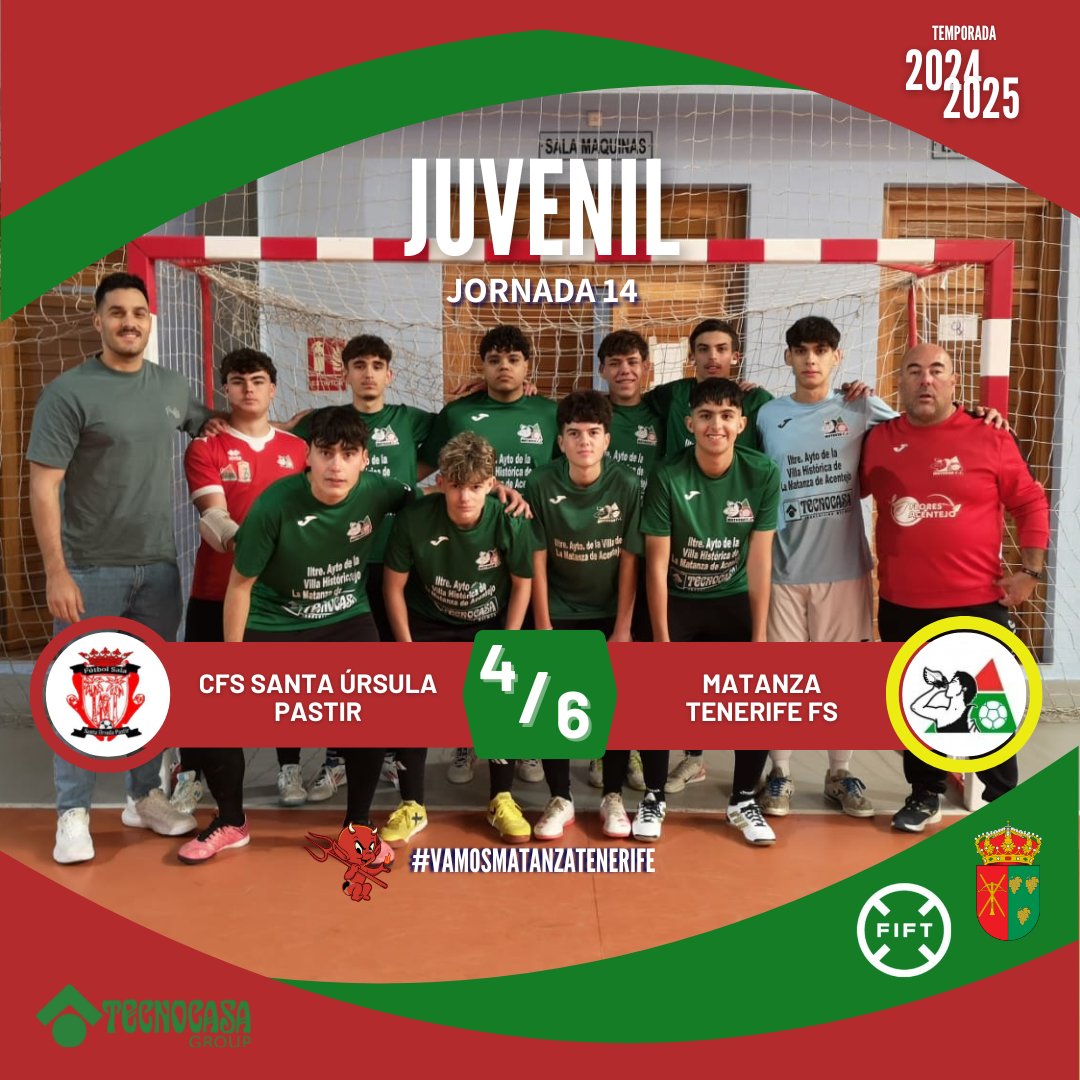 MatanzaSala's tweet photo. #VAMOSMATANZATENERIFE
JUVENIL:
ℹ️ Resultado final en el Municipal Cho Pastor.
Preferente - Jornada 14
CFS Santa Ursula Pastir 4 - @MatanzaSala 6
¡CONTINUAMOS TRABAJANDO! 💪🏻😈
¡VAMOS DIABLOS! ❤️💚
#CrecemosContigo #MatanzaTenerifeFs #CanteraMatanzaFs #Preferente #FIFT https://t.co/GADqRW7bpQ