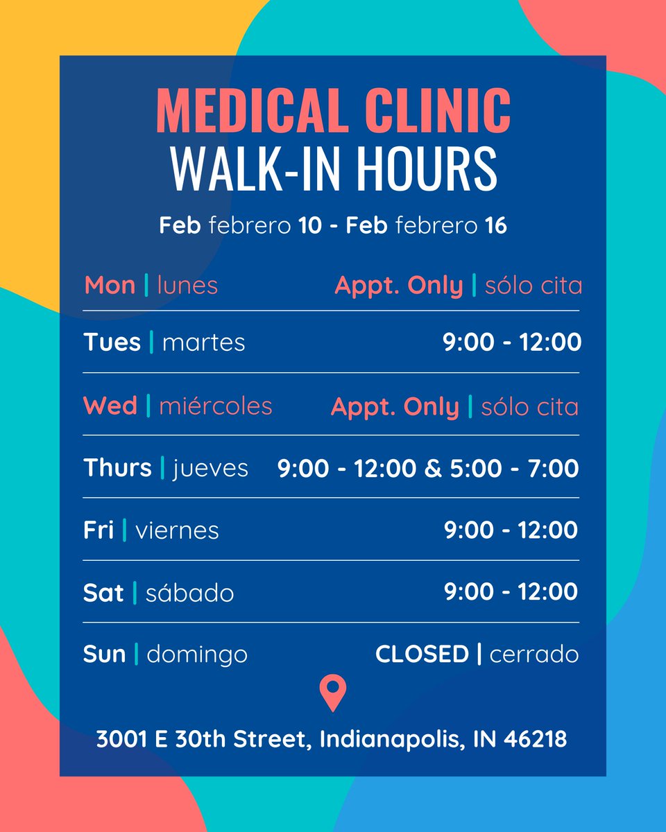 ‼️ WEEKLY HOURS UPDATE ‼️ These hours are walk-in hours ONLY for the GFC Medical Clinic inside of the St. Vincent de Paul Food Pantry at 3001 E. 30th Street, Indianapolis, IN 46218. See you there!