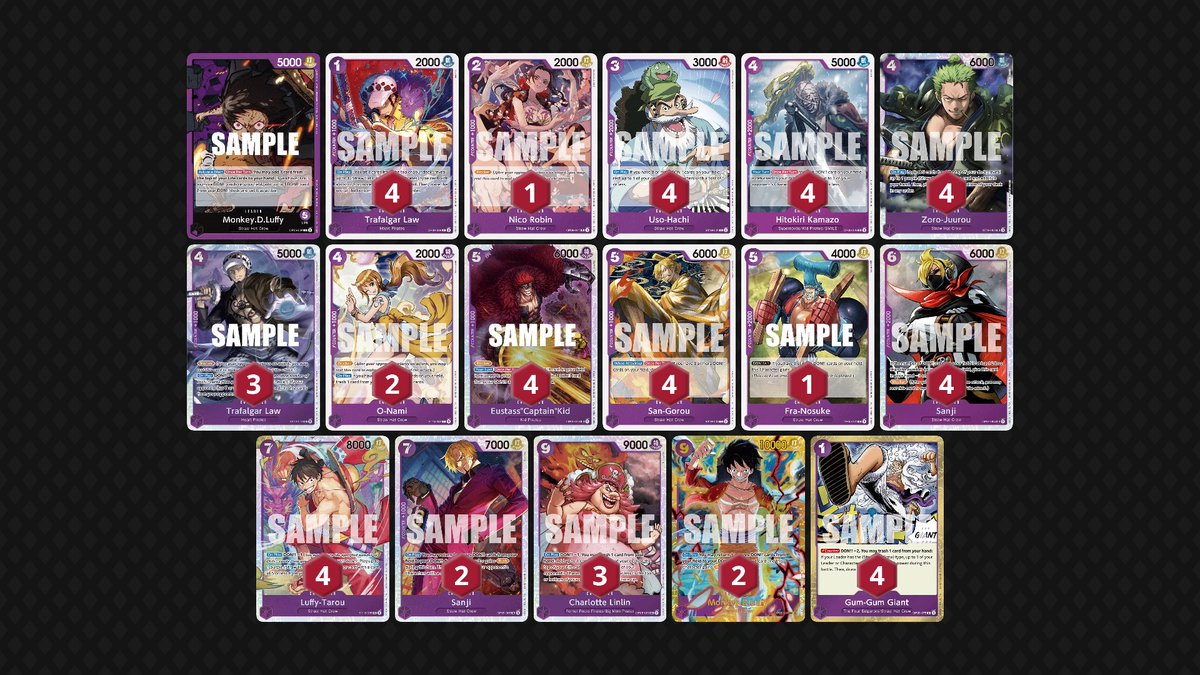 TOP 1 CAMPEÓN -Carlos Pérez
Monkey.D.Luffy (OP05)
R 1 Rob Lucci ✅
R 2 Shanks ✅
R 3 Kalgara ✅
R 4 RP Luffy ❌
R 5 BY Luffy ✅
R 6 ( Top 4) Purple Luffy ✅
R 7 ( Final) BP Luffy ✅